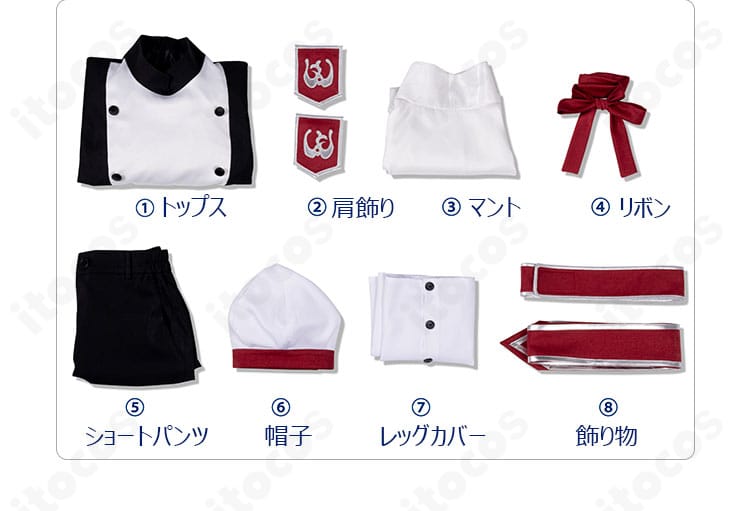 シエル・ファントムハイヴ 聖歌隊コスプレ衣装のセット内容一覧。マント、トップス、ショートパンツ、帽子、肩飾り、レッグカバー、リボン、飾り物を表示。