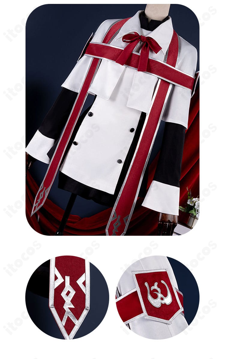 聖歌隊コスプレ衣装の襟元ディテール。端正な襟周りの縫製と配色を強調したクローズアップ。