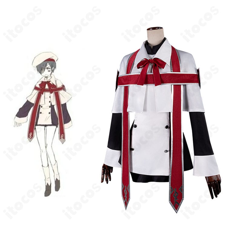 商品正面とシエル・ファントムハイヴの聖歌隊コスプレ衣装を合わせた全身イメージ。黒執事の世界観を再現したマントとリボンが印象的。