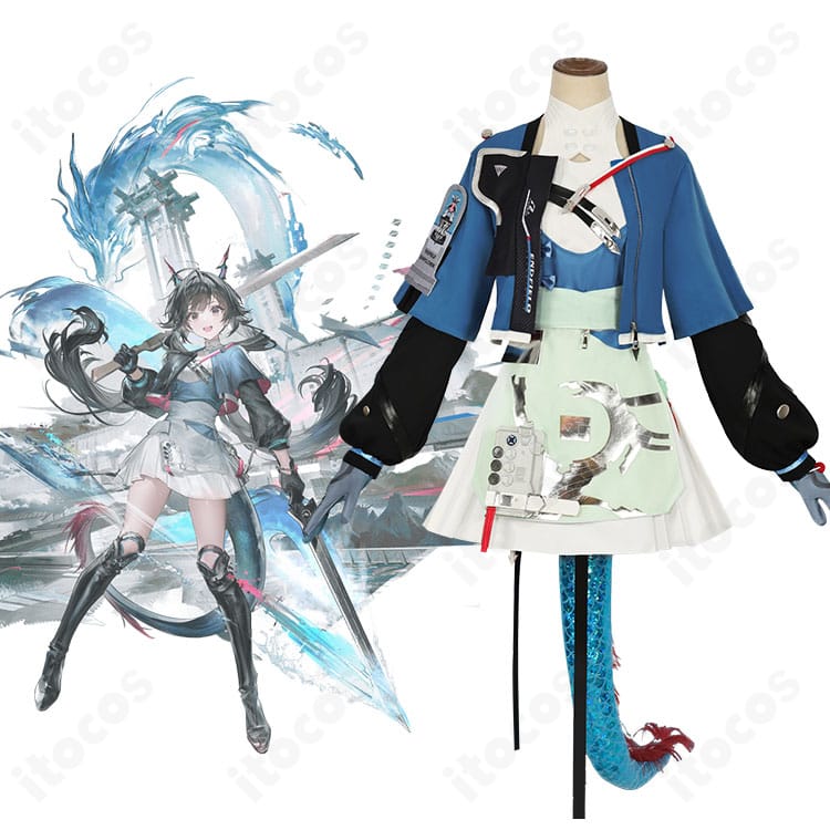 アークナイツ：エンドフィールド チェン・センユー衣装の正面とキャラクター比較画像。シルエットと配色の再現度が分かる構図。