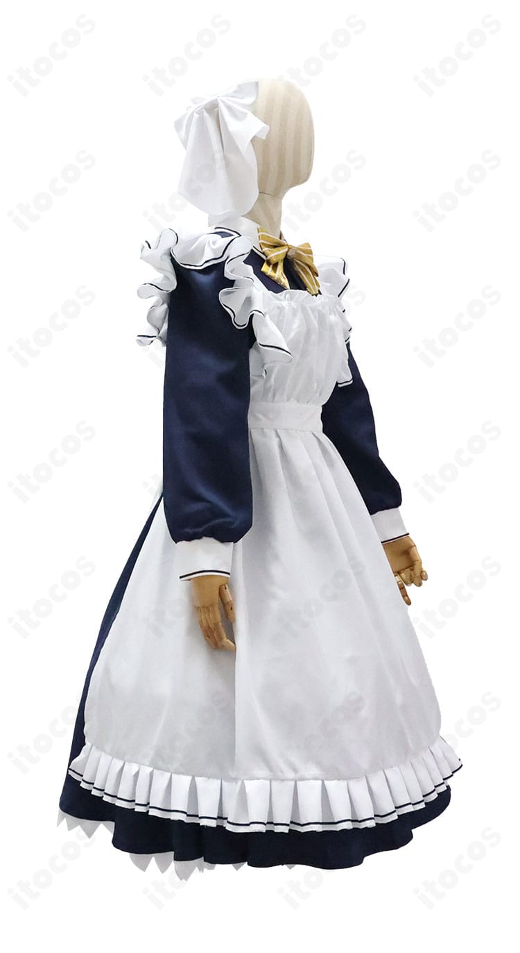 右側から見た全体シルエット・メイド風エプロンを備えた喫茶店制服デザイン