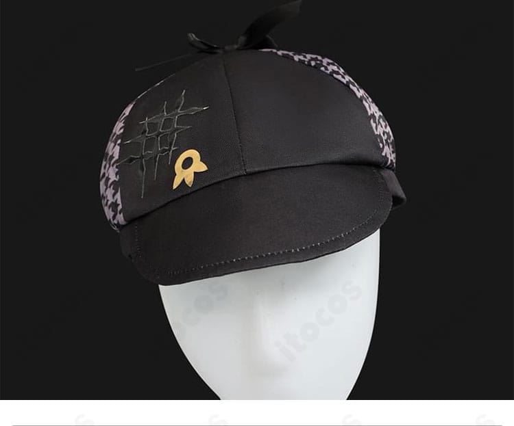 探偵帽子の装飾詳細。クラウンの形とリボン、アクセントパーツの位置が分かる接写