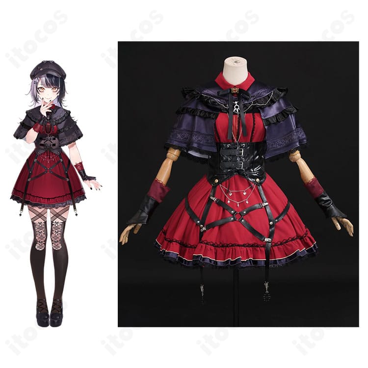 シオリ・ノヴェラの探偵衣装コスプレ一式を正面から。キャラクタービジュアルと並んだ比較で全体シルエットが分かる画像