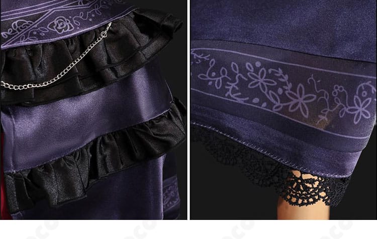 披肩（ケープ）装飾のクローズアップ。縁取りと模様、留め具の位置関係が分かる写真