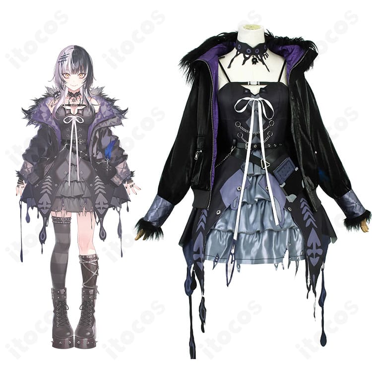 シオリ・ノヴェラ初期衣装のコスプレ正面。キャラクターイメージに合わせたゴシックな襟元と飾りを高再現