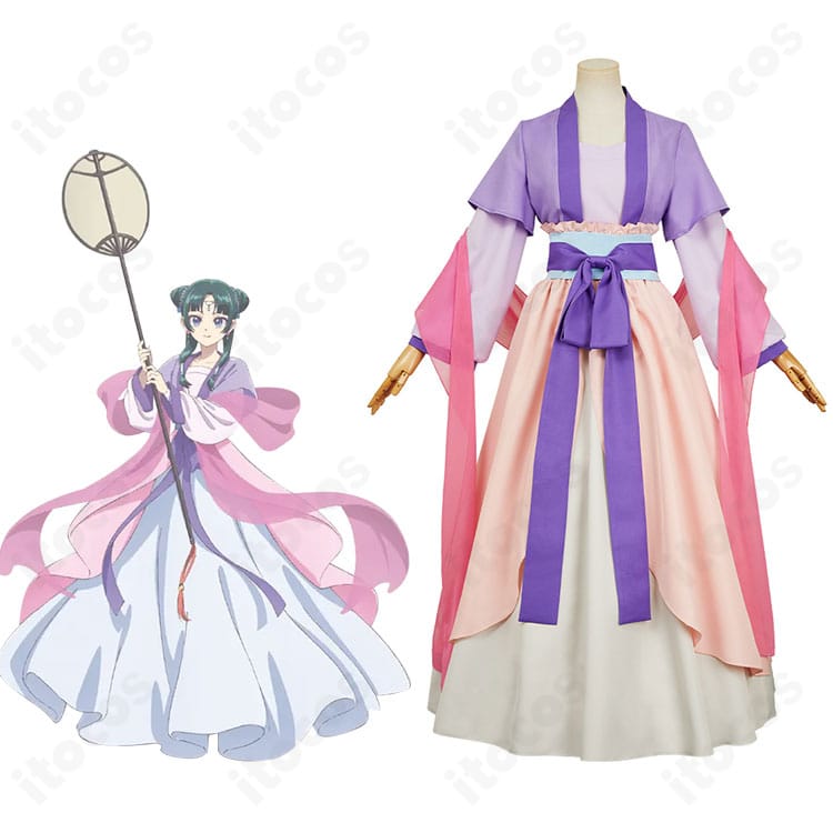 ITOCOS 薬屋のひとりごと 猫猫コスプレ衣装の正面とキャラクター比較。配色と重ね着の再現度がわかるコラボ画像