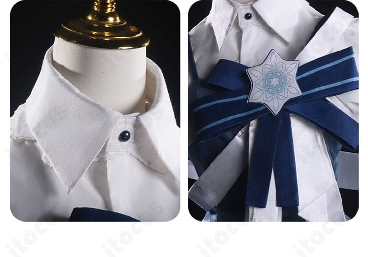 襟元と胸元のディテール。鏡音リン衣装のつけ襟、蝶結び、胸元装飾の配置が分かる拡大画像。