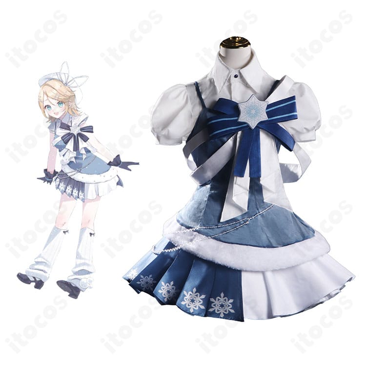 商品正面と鏡音リンの参考ビジュアルを並置した画像。SNOW MIKU 2025 鏡音リンのコスプレ衣装一式の全体像。
