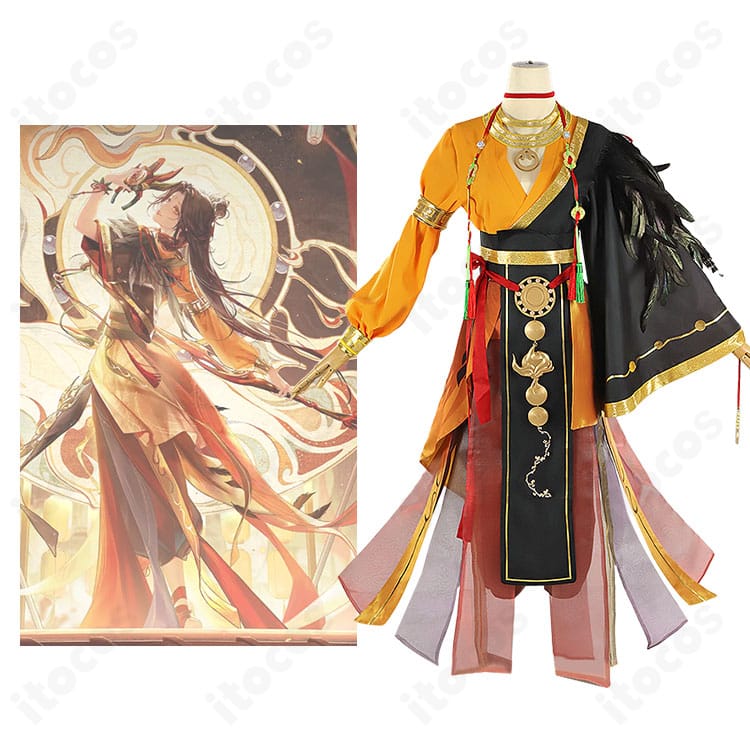 無期迷途 ヤオ『燃える神舞』コスプレ衣装の正面とキャラクター比較。衣摆や装飾まで高再現の意匠が分かる合成イメージ