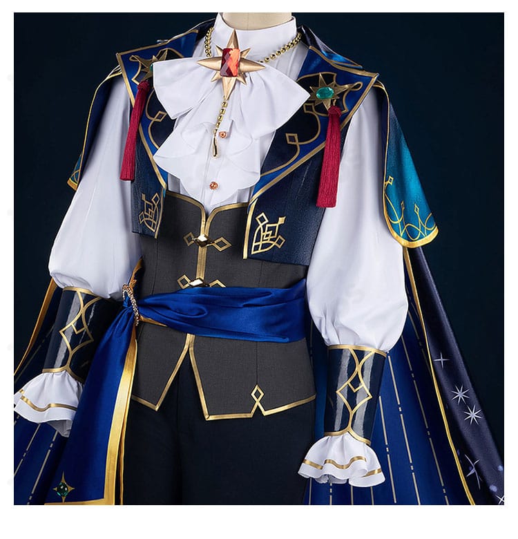 星の鳴動衣装の装飾ディテール。胸元の刺繍風モチーフとアクセントパーツの近接。