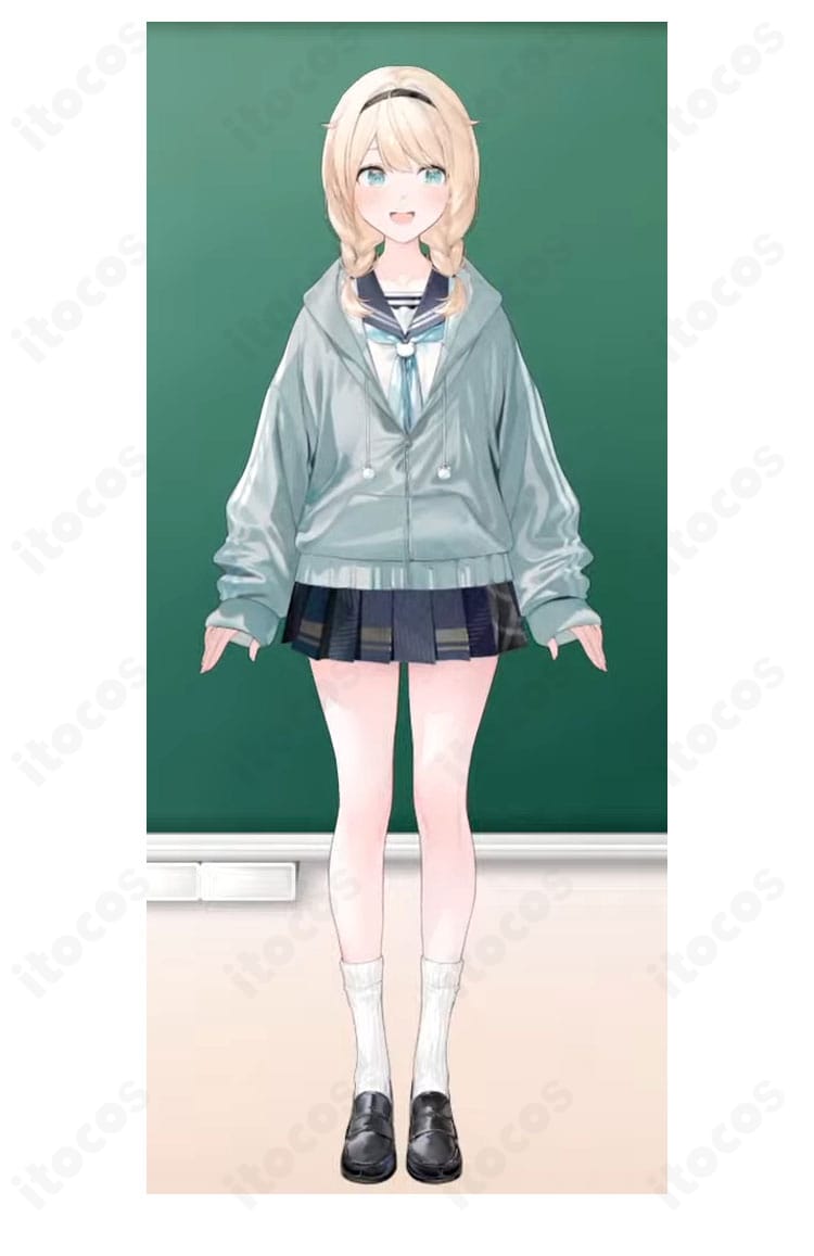 風真いろはの通常衣装コスプレ一式。セーラー風トップスと外套風パーカー、緑の差し色まで忠実に再現した全身イメージ。