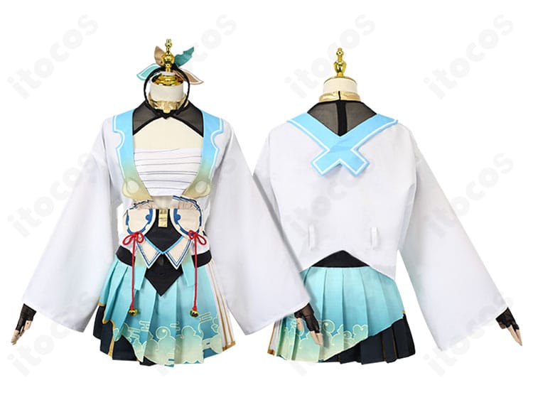 風真いろは 初期衣装コスプレの装飾ディテール。刺繍や縁取り、コルセットベルトの意匠が分かるクローズアップ。