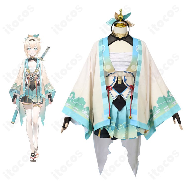 風真いろはの初期衣装コスプレ一式の全身。羽織とコルセットベルトを含む和装テイストのフルコーディネート。イベントや撮影向けの完成度。