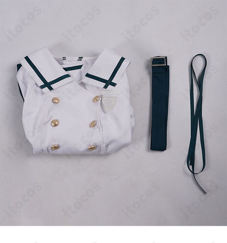 若葉睦 月ノ森女子学園夏制服コスプレのセット内容（ワンピース・ベルト・リボン）展示