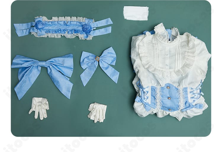 レム ゴシックドレス衣装セット一式の平置き。ワンピース、髪飾り、スカーフ、背部リボン、手袋、タイツが揃った内容。