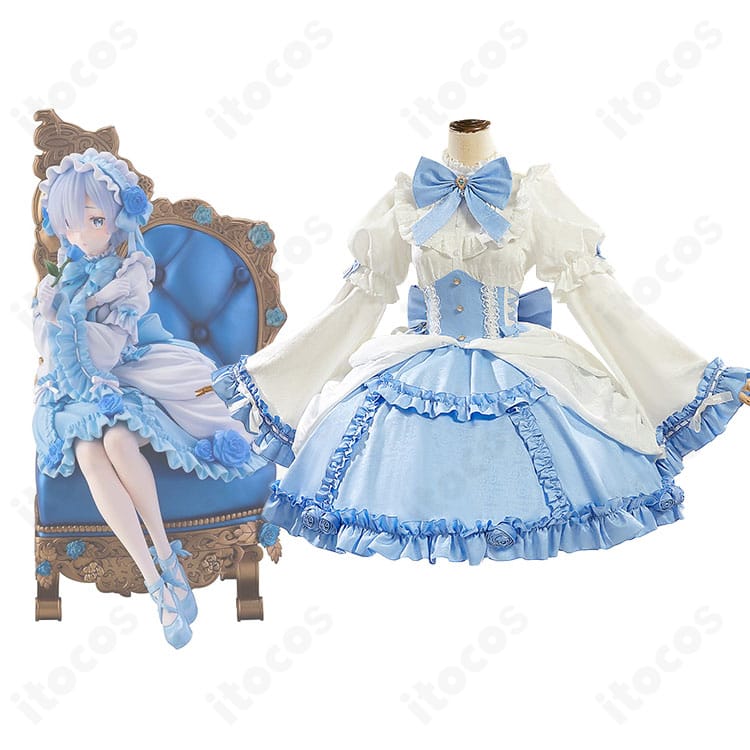 レムのゴシックドレス衣装とキャラクターイメージを並置した正面写真。花装飾と背面リボンまで高再現のディテールが分かる構図。