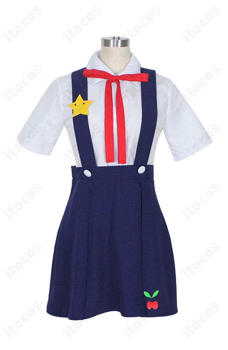 商品正面。八九寺真宵コスプレ衣装のトップスとスカート、リボンの配色と刺繍ディテールが分かる画像。