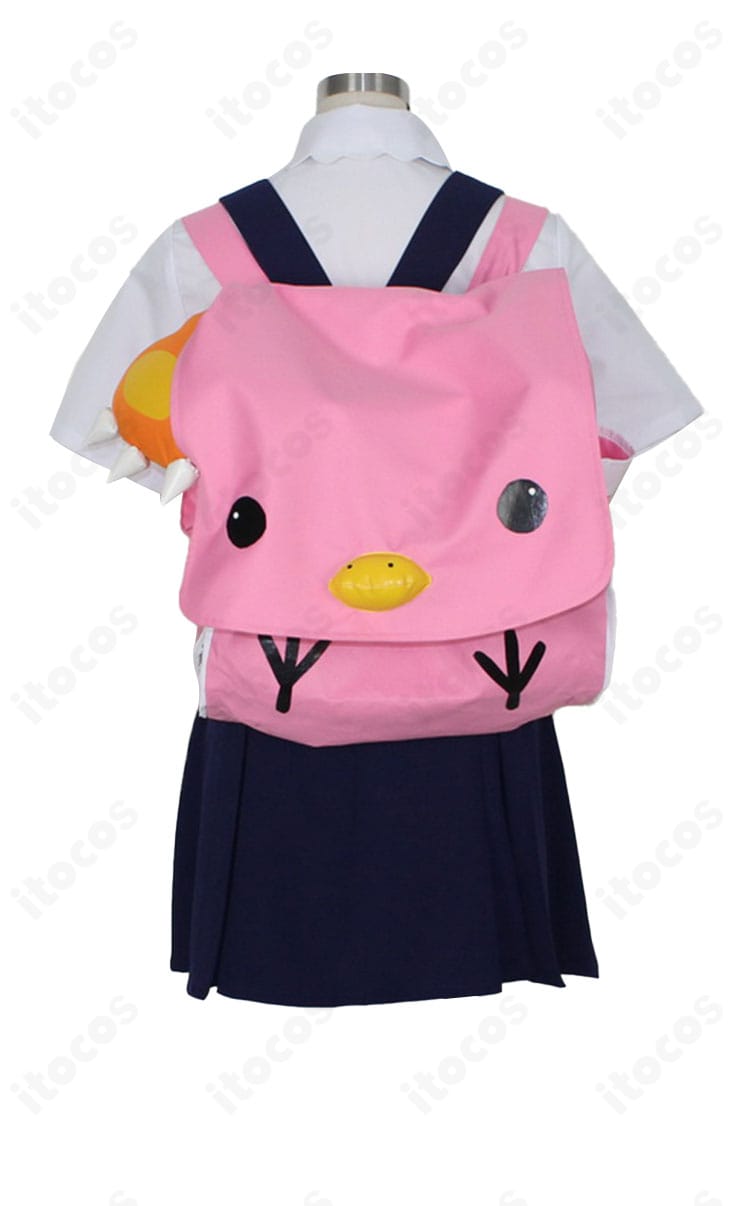 商品背面。バックパックのサイズ感とストラップ取り回し、スカートの後ろシルエットを示す画像。