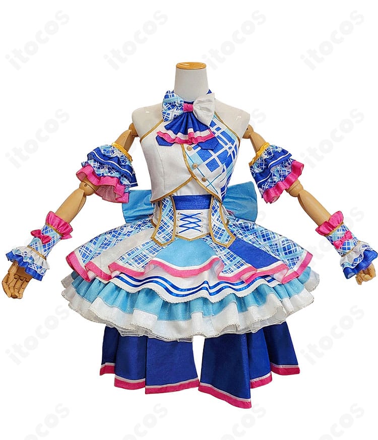 真中らぁら コスプレ衣装 正面。フロントのリボンとフレアスカート、オーバースカートの重なりが分かる詳細写真