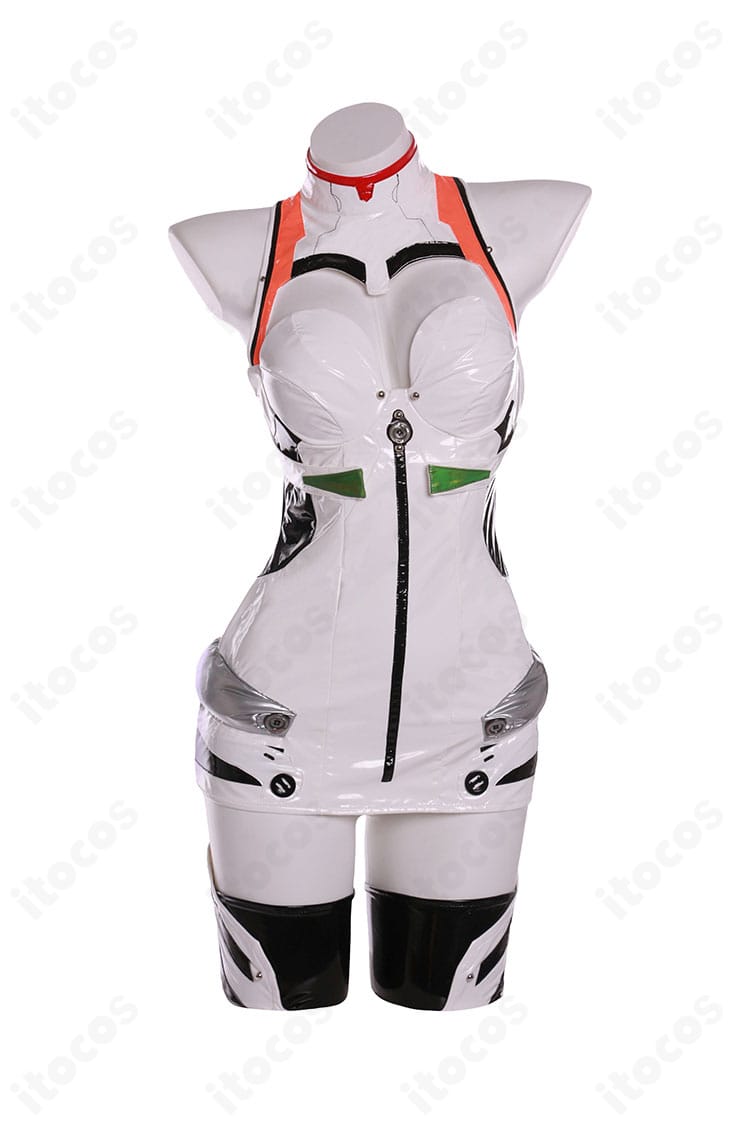 綾波レイ プラグスーツ衣装の正面全体像。ライン配置とロゴ位置まで丁寧に再現