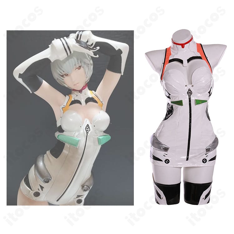 綾波レイの白プラグスーツ衣装・正面とキャラクター比較。高再現シルエットと快適設計を示すイメージ