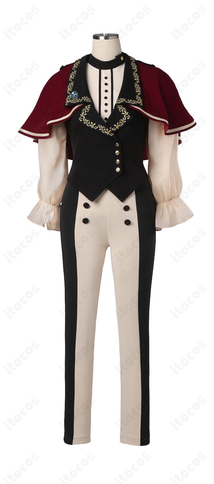 ティモリス衣装の商品正面図。ベストとトップスの配色、襟飾りと胸元の装飾を確認できるカット。