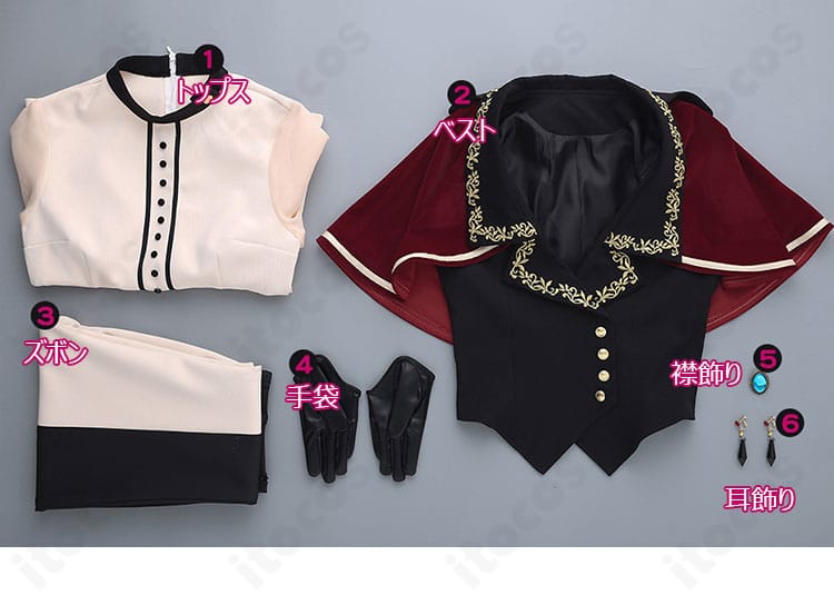 セット内容の一覧画像。トップス・ベスト・ズボン・手袋・耳飾り・襟飾りの6点が含まれることを示す。
