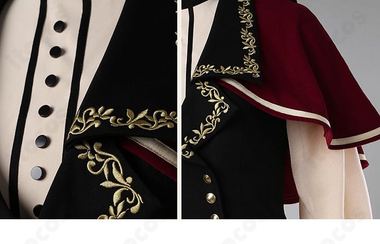 襟装飾の別角度ディテール。ティモリス衣装特有の装飾配置と立体感を示すアップ。