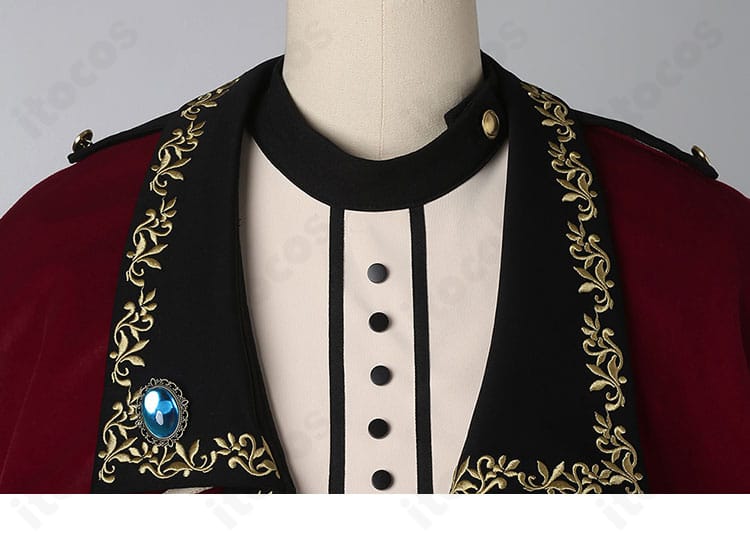 襟元の装飾ディテール。ティモリス衣装の襟飾りの質感と縫製、近距離撮影に映える意匠を強調。