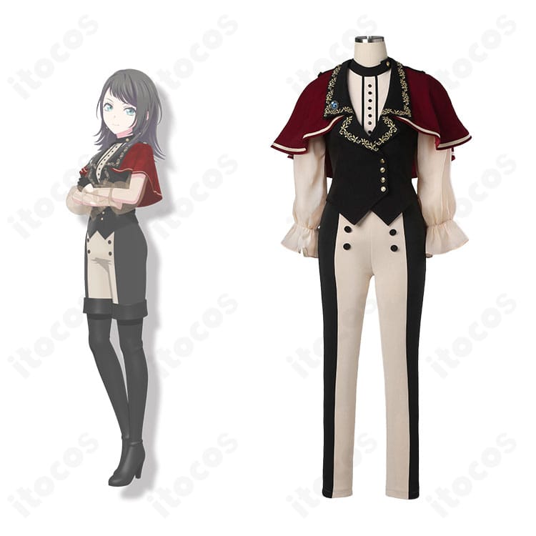 商品正面とティモリス（八幡海鈴）のビジュアルを併載したコスプレ衣装。BanG Dream! Ave Mujicaの世界観と衣装の質感がわかる構図。