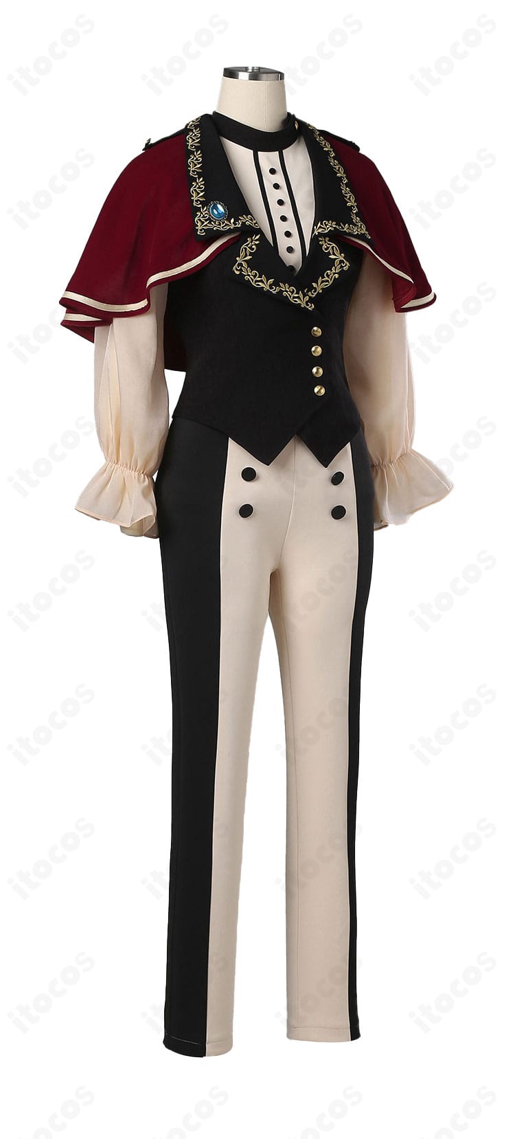 ティモリス衣装の側面図。肩から袖にかけての意匠とベストのライン、ボトムのシルエットをチェック可能。