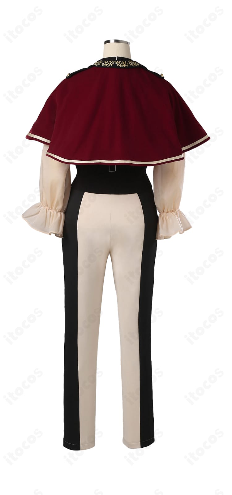 ティモリス衣装の背面図。背中の切り替えや装飾の配置、ベストとズボンのバランスを詳細に確認。