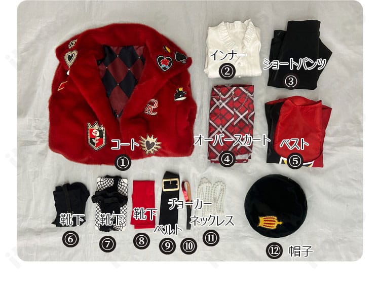 リドル・ローズハート新衣装コスプレのセット内容一式を並べた画像。10点の構成が一目で分かる画像