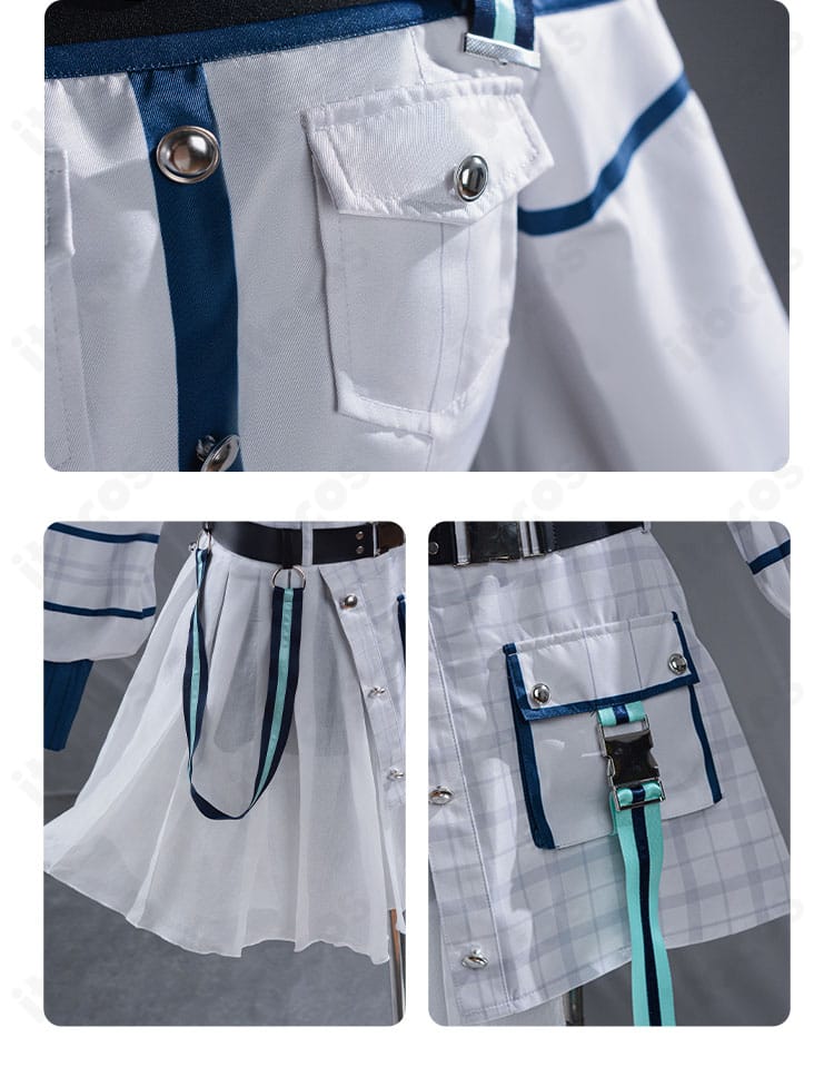 要 楽奈コスプレ 上衣胸ポケットとスカート装飾の近接写真。縫製とパーツ配置の確認に最適