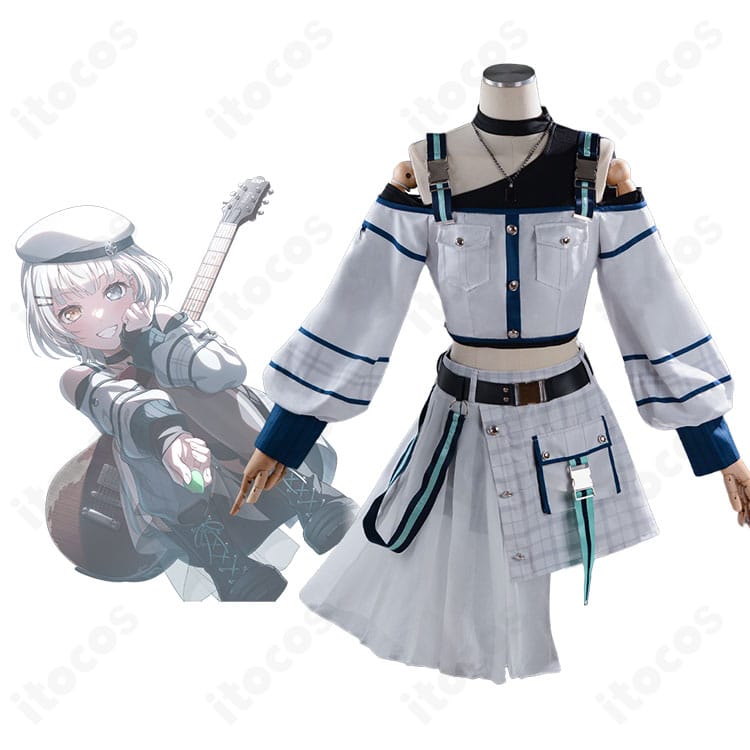 要 楽奈 コインパーキングの猫 特訓後コスプレ衣装の正面とキャラクター比較。ストリート感ある配色と装飾が一致する正面写真