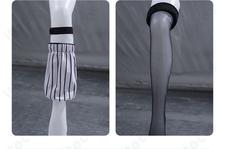 要 楽奈コスプレ 脚部装飾の拡大写真。レッグカバーとストッキングの質感・フィット感が見える