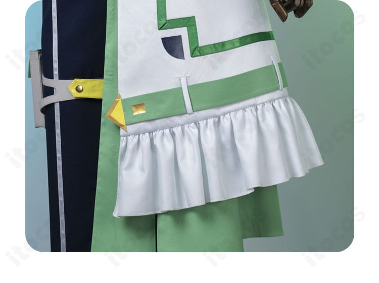 コート裾部分の装飾ディテール。ブレードの縫製と切り替えのライン、発色を示す拡大図。