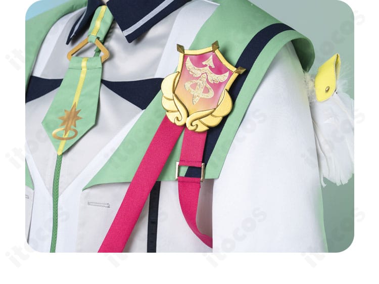 朱桜司・姫宮桃李・乱凪砂共通デザインの胸飾りディテール。立体的な装飾パーツと縁取りの質感を強調。