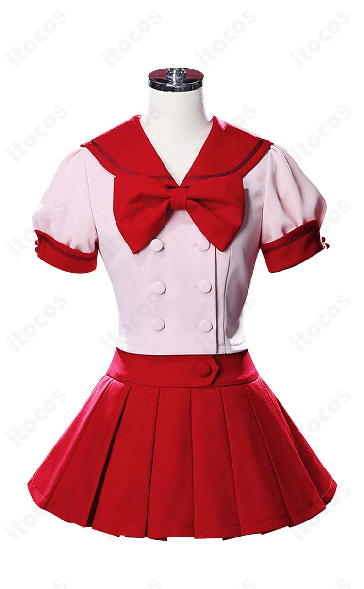 宝生波音・七海るちあ 制服コスプレ衣装の正面全体。門襟ラインとリボンが美しく映えるデザイン。