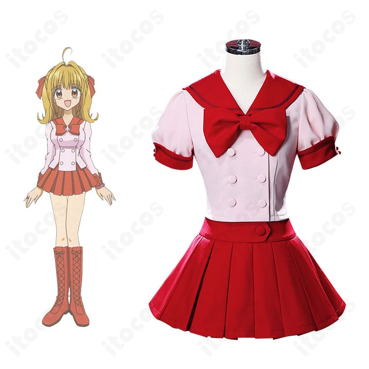 宝生波音・七海るちあの制服コスプレ衣装とキャラクター合わせの正面図。配色とラインを忠実に再現したITOCOS製。