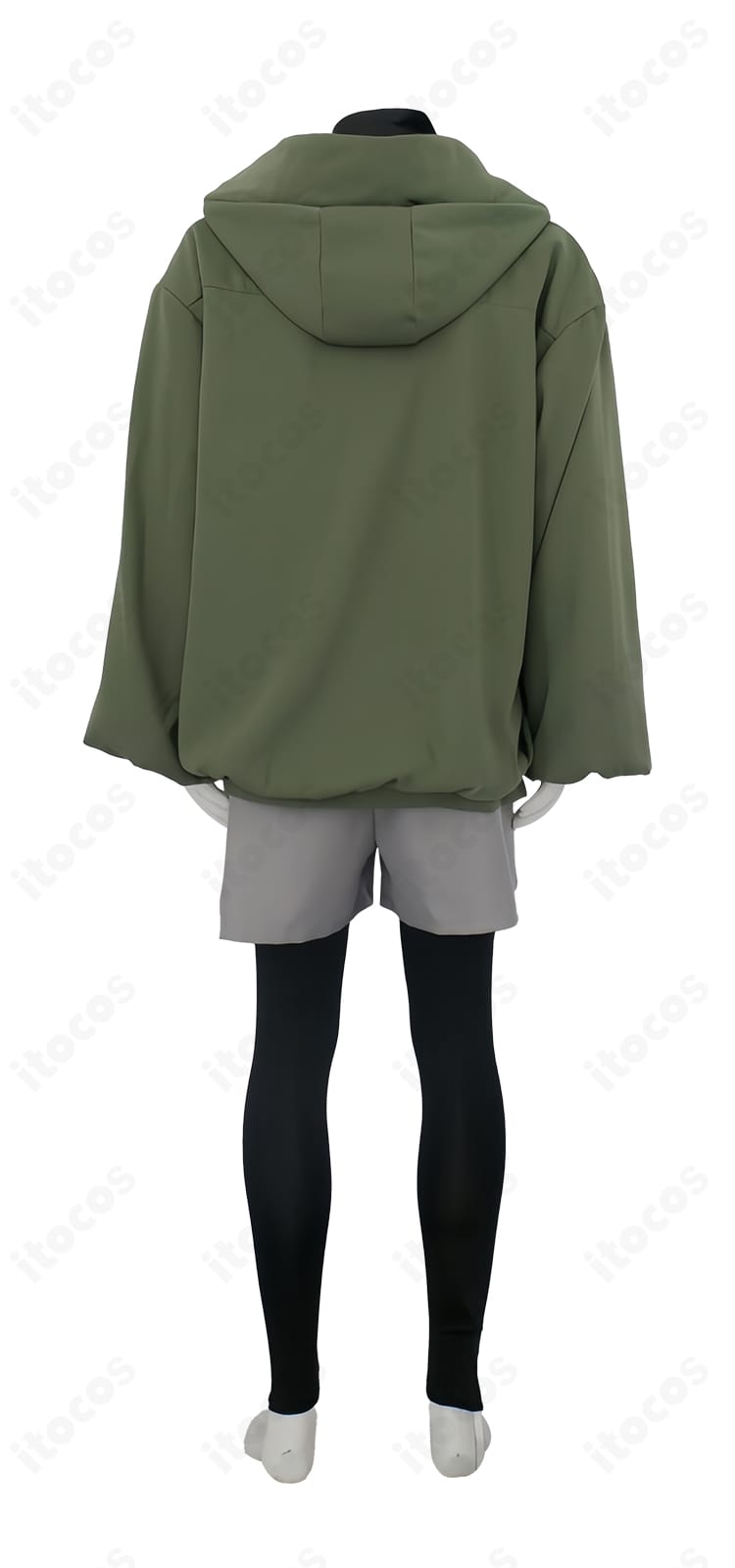 小鈎ハレ キャンプ衣装の背面ディテール。コートのシルエットとレイヤードの落ち感を示す画像。