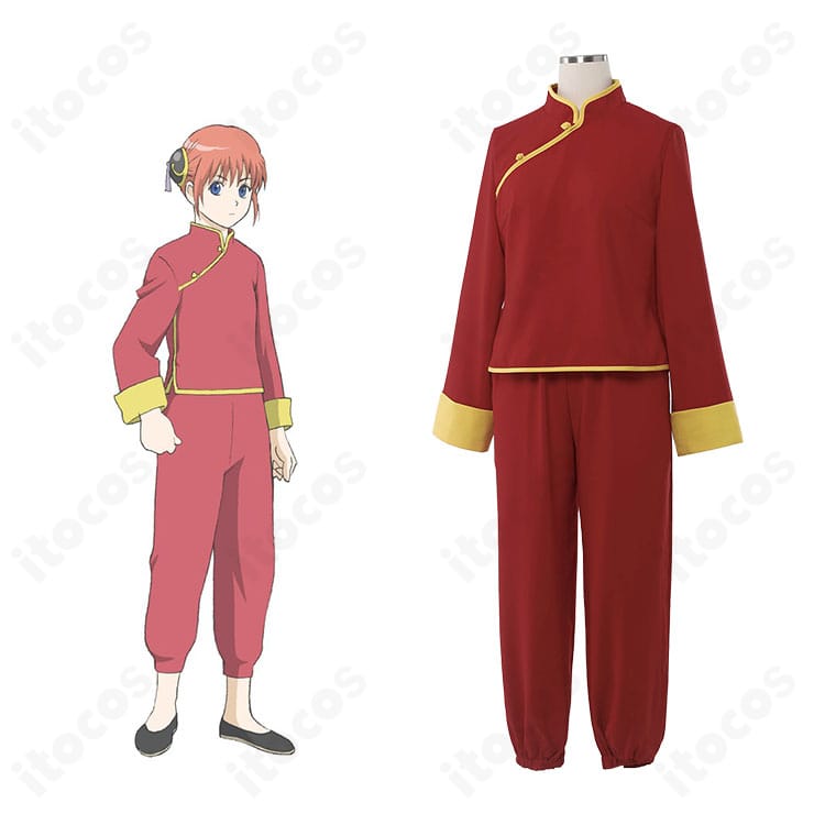 神楽の公式衣装イメージに合わせたチャイナ服コスプレ一式。銀魂の世界観を再現した着用例の合成イメージ。