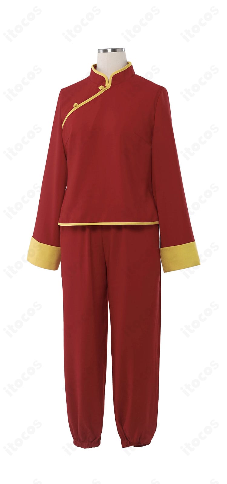 銀魂 神楽 チャイナ服コスプレの正面全体。立ち襟と斜襟、配色パイピング、刺繍の配置が分かる商品画像。