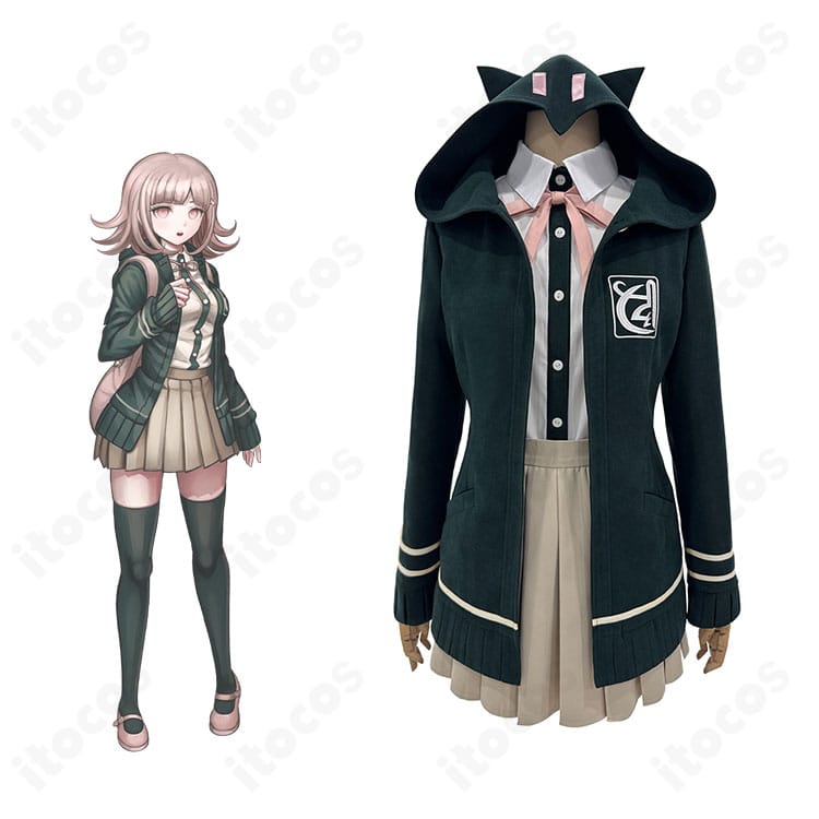 スーパーダンガンロンパ2 七海千秋の猫耳パーカー衣装をモデルが着用したイメージ。高再現でイベント映えする全体コーデ。