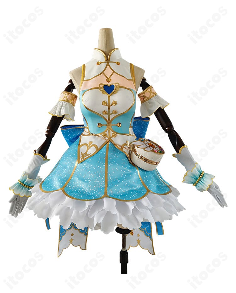 絢瀬絵里 お化粧の魔法編覚醒後コスプレ衣装の正面全身。高発色生地と刺繍が映えるワンピースのシルエットを詳細表示。