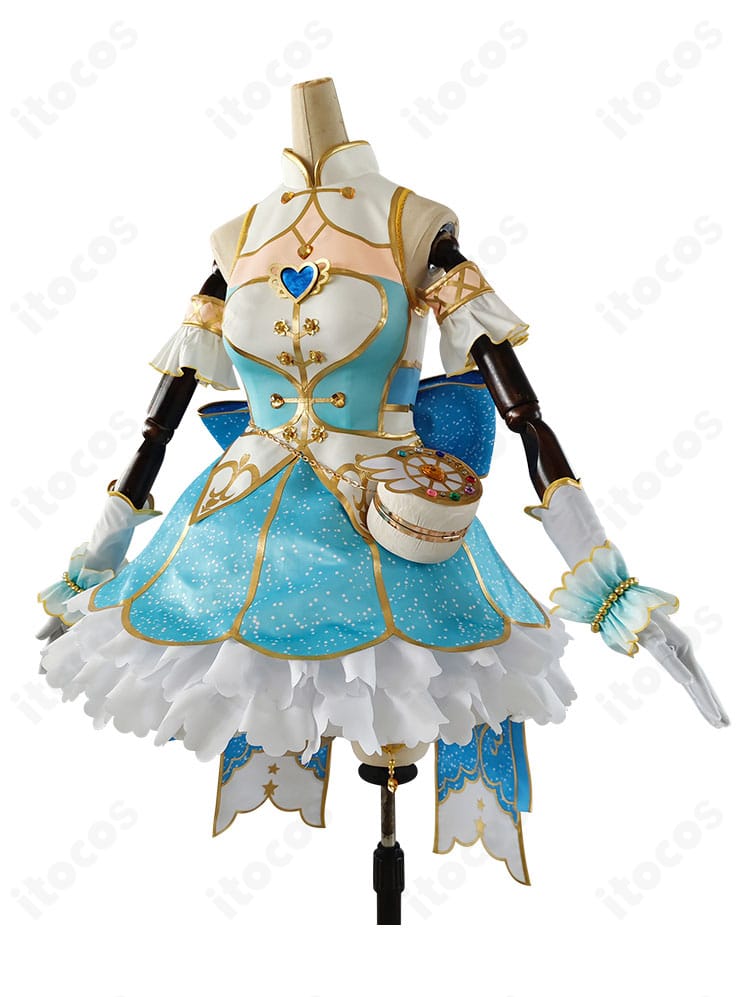 絢瀬絵里コスプレ衣装のサイドビュー。刺繍モチーフと配色ラインの立体感、ウエストから裾へのラインを強調。