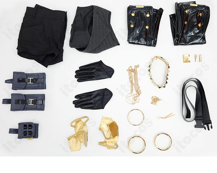 ロザンナ コスプレ衣装のセット内容画像。コートから小物まで13点フルセットを一覧表示。