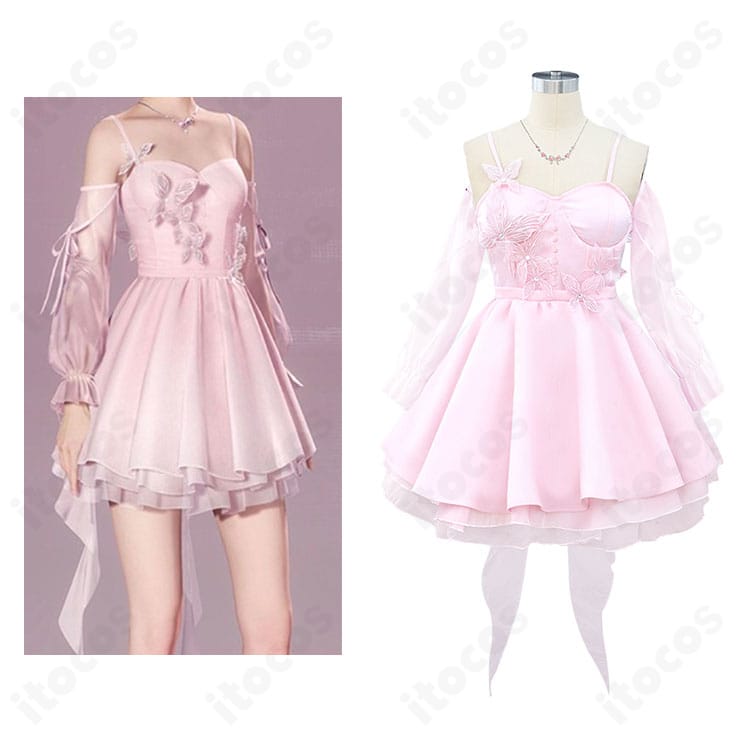 恋と深空 主人公『夢に揺れる心』コスプレ衣装をモデルが着用したイメージ。ドレス本体と袖、ネックレスを合わせた全体コーデを再現。