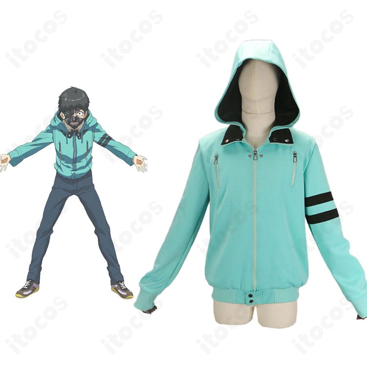東京喰種 金木研の私服コート＋眼帯 コスプレ衣装の着用イメージ。黒コートと眼帯でキャラクター性を高再現。