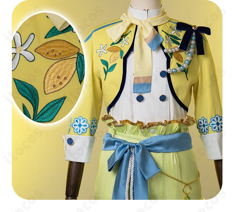 襟元チェーンとブローチの接続部ディテール。金属パーツの質感と配置が分かる画像